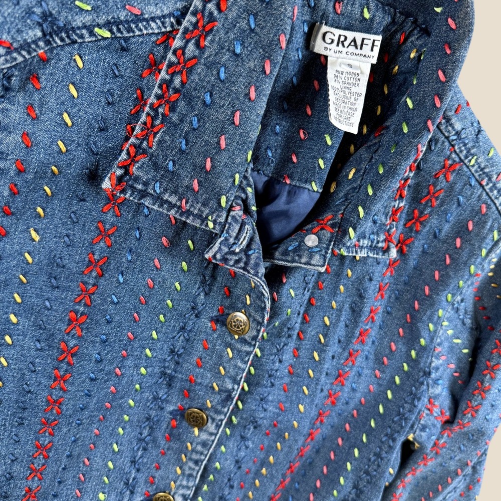 Graff Denim Jacket Women S Blue Embroidered Boho‎ Button Front Jean Coat Lined